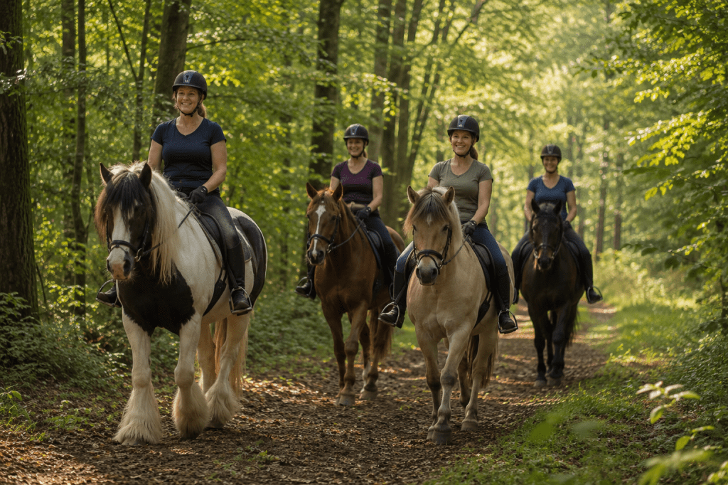 Fünf Reiterinnen in Schutzhelmen reiten auf verschiedenen Pferden entlang eines schmalen Waldweges, umgeben von grüner Vegetation.